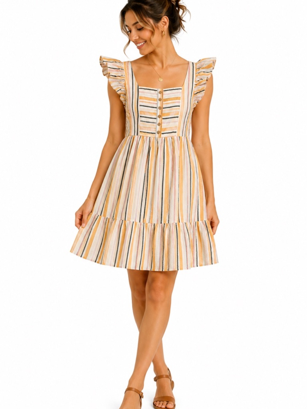 Ces Femme Striped Dress S Yellow White Ruffle Sleeve Casual Summer Cottagecore